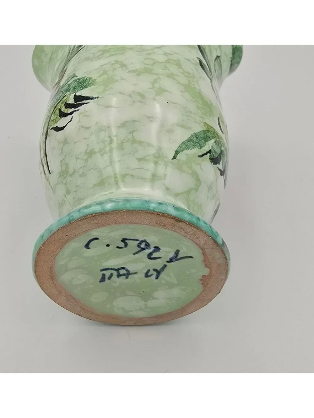 Vintage Hand-Painted Italian Floral Vase – Green Art Pottery Pedestal Vase